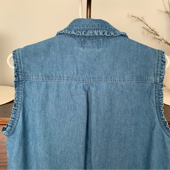 Vintage Gitano Ruffle Button-Front Sleeveless Denim Shirt, Size Large - Picture 9 of 11